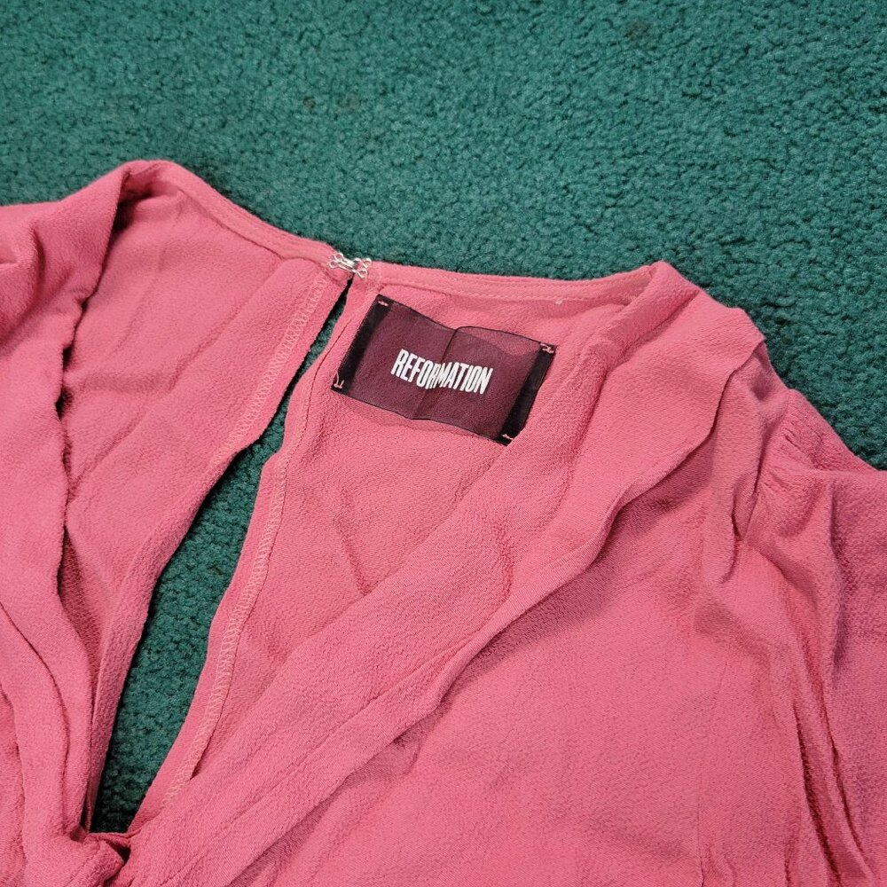 Reformation Women Dress Sz 6 Coral Pink Long-Sleeve Mini Flowy Skirt Tie Front - Picture 3 of 11
